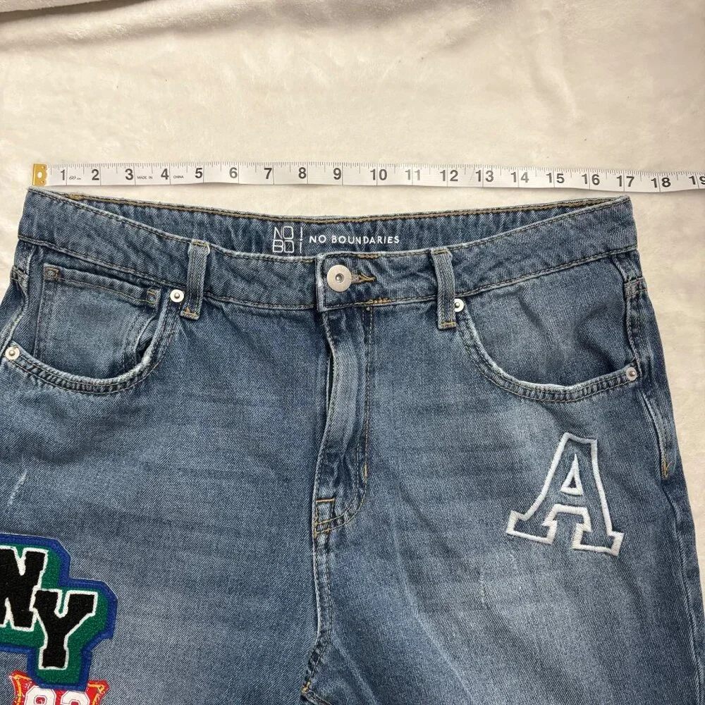 Womens Distressed Patchwork Denim Jeans Embroidered Juniors Size15 No Boundaries - Picture 6 of 13